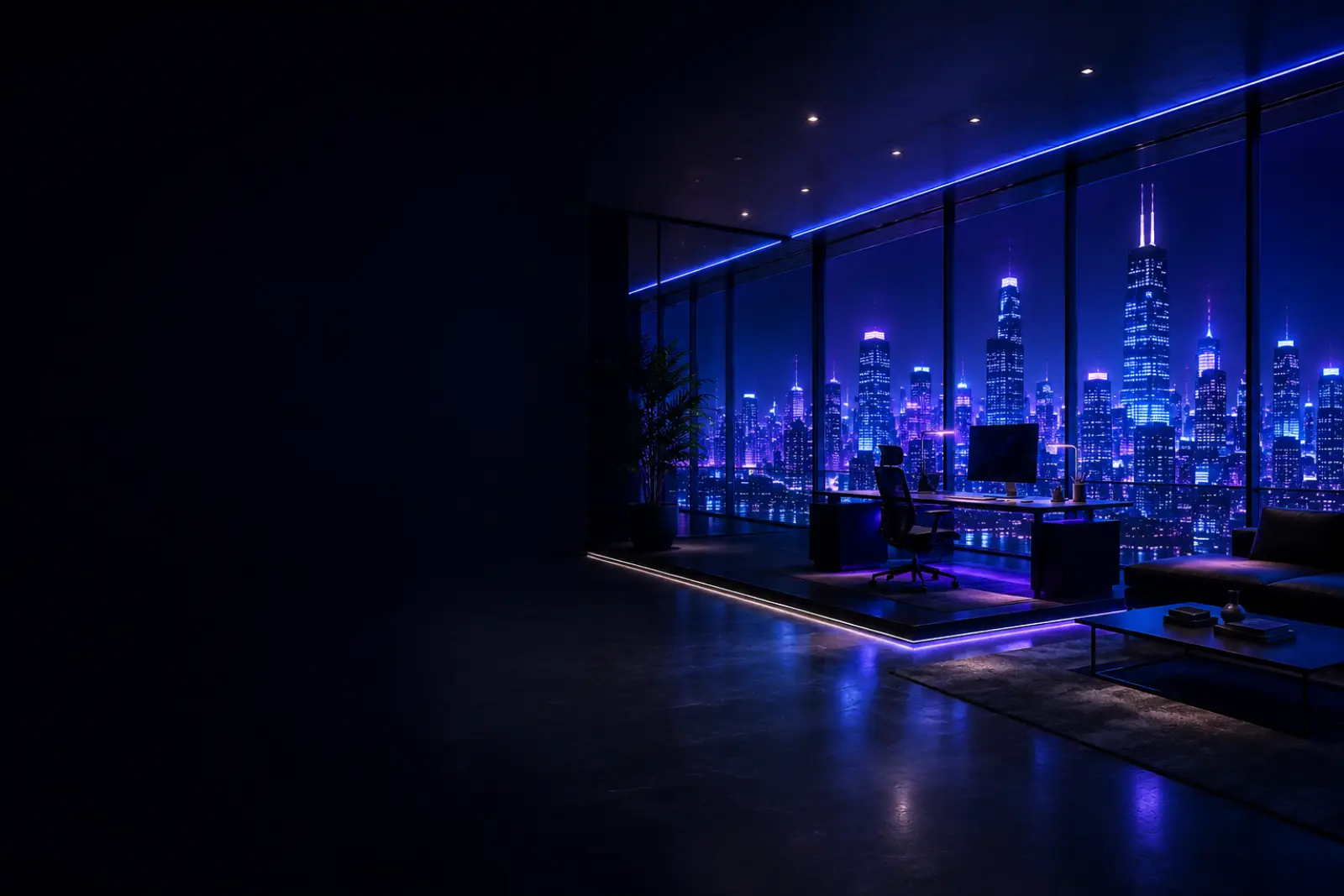 Modern office overlooking a glowing night skyline