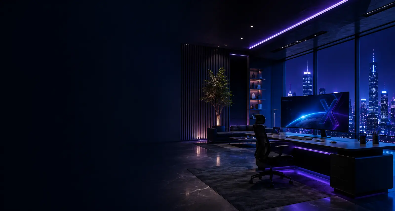 Executive office at night with the SXFO X displayed on screen against a city skyline